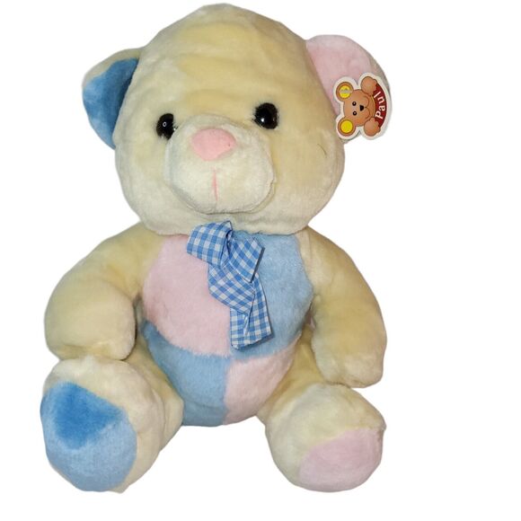 Paul Hamburg Yellow Teddy Bear Plush Stuffed Animal Pink Blue Colorblock 13” - Picture 1 of 13